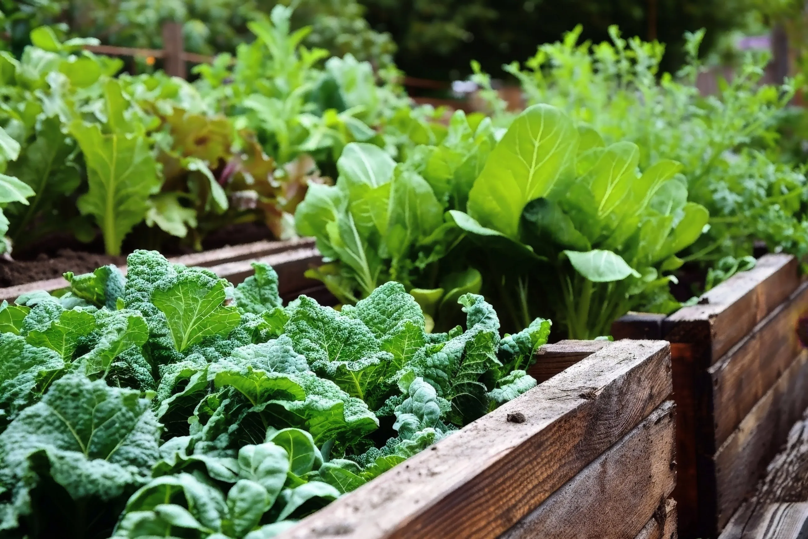 Wooden raised garden bed filled with leafy green vegetables.